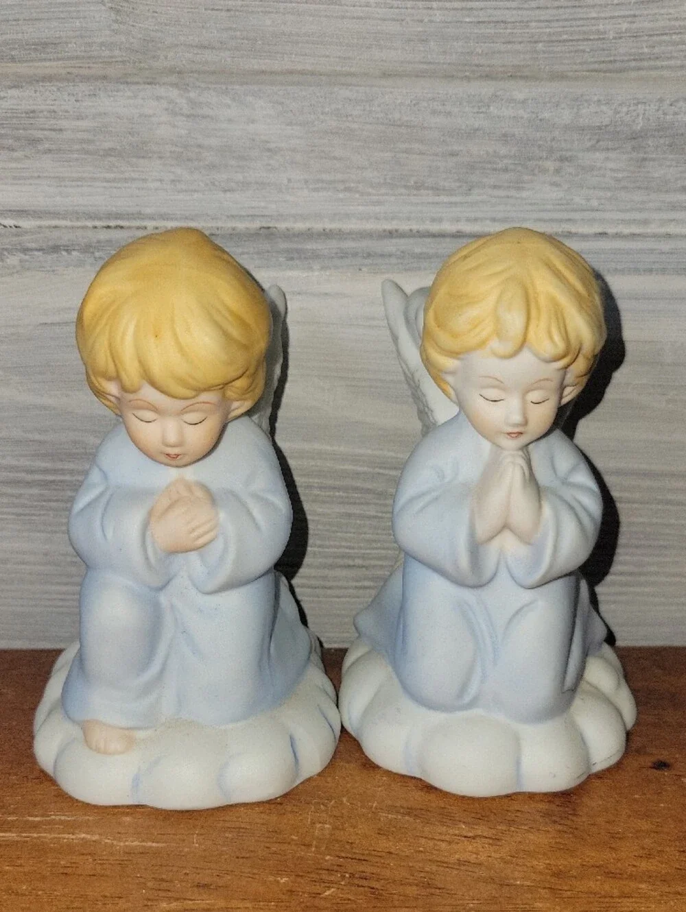 Porcelain Praying Angel Figurines Pair in Light Blue Candle Holders